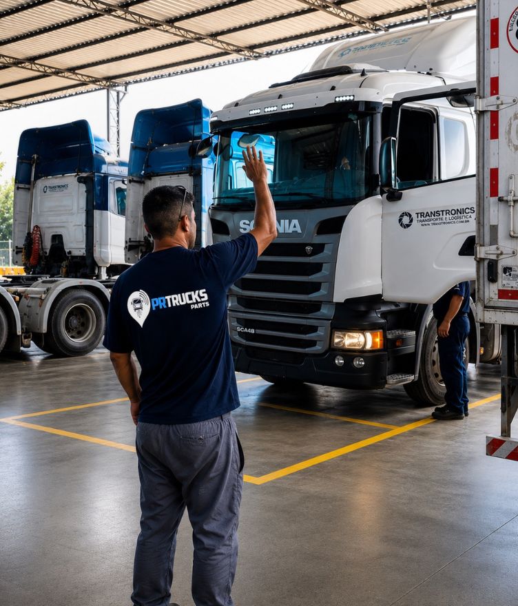 Equipe PR Trucks Parts recebendo caminhão na oficina