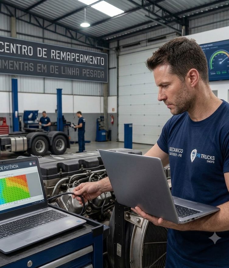 Centro de remapeamento — técnico com laptop no motor